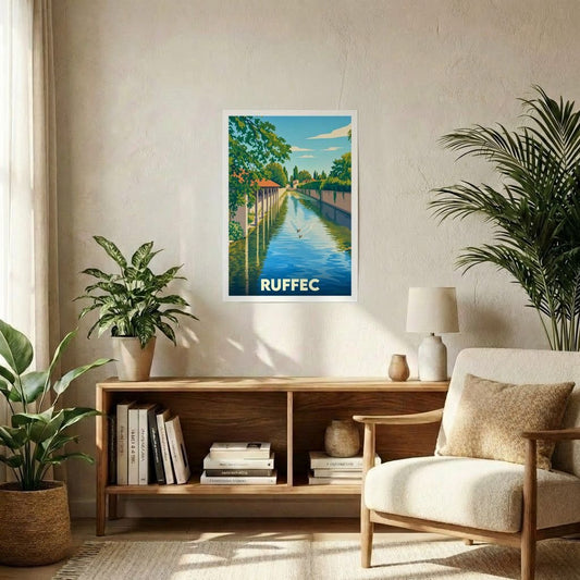 Affiche souvenir de la ville de Ruffec avec une illustration stylisée d'un canal bordé de verdure.