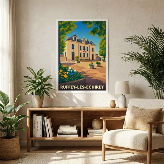 Affiche souvenir de la ville de Ruffey-lès-Echirey représentant son hôtel de ville dans un style graphique rétro et coloré.