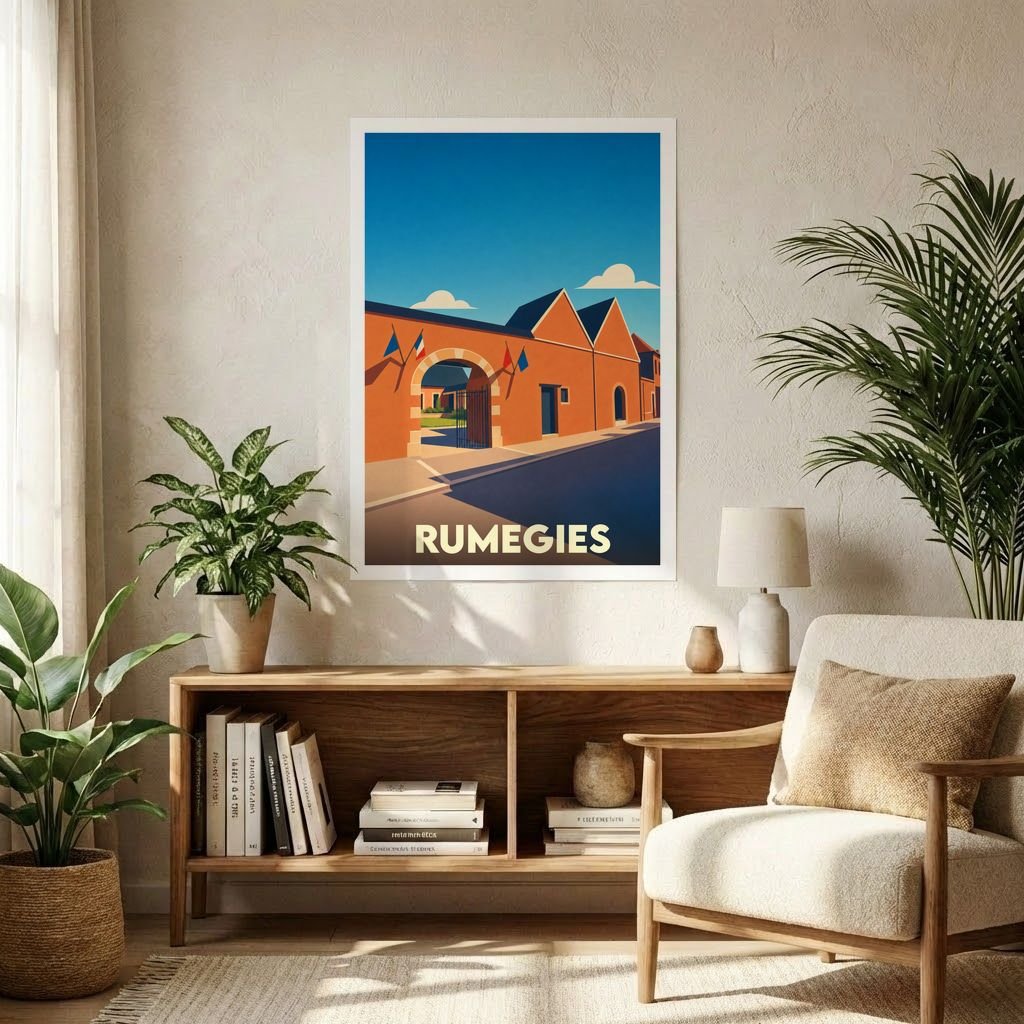 Affiche souvenir de la ville de Rumegies avec une illustration stylisée et colorée de ses bâtiments emblématiques.