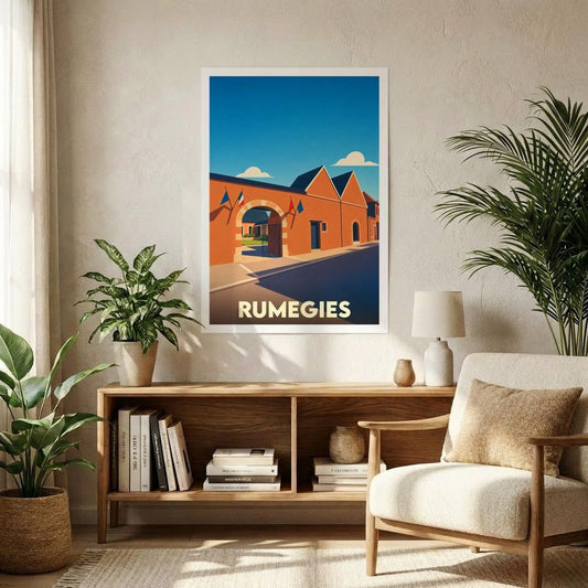 Affiche souvenir de la ville de Rumegies avec une illustration stylisée et colorée de ses bâtiments emblématiques.