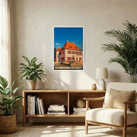 Affiche souvenir de la ville de Rumersheim-le-Haut avec une illustration stylisée d'un bâtiment traditionnel alsacien.