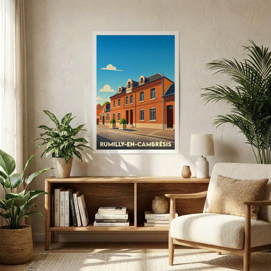 Affiche souvenir de la ville de Rumilly-en-Cambrésis avec une illustration stylisée d'un bâtiment typique en briques.