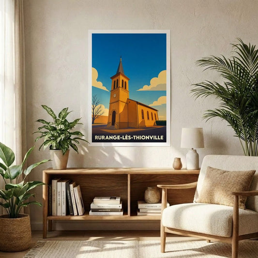 Affiche souvenir de la ville de Rurange-lès-Thionville avec une illustration stylisée de son église sous un ciel bleu.