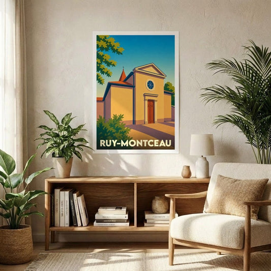 Affiche souvenir de la ville de Ruy-Montceau représentant son église dans un style graphique épuré et coloré.
