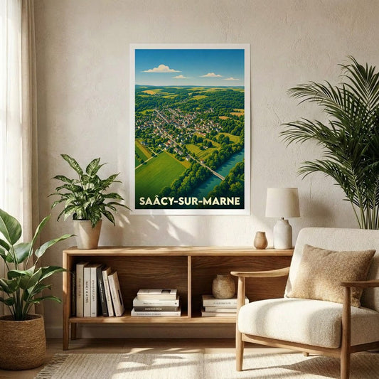 Affiche souvenir de la ville de Saâcy-sur-Marne avec une illustration panoramique stylisée.