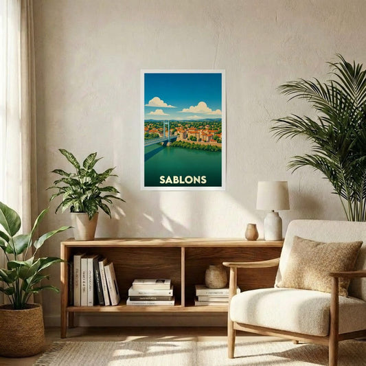 Affiche souvenir de la ville de Sablons avec une illustration stylisée.