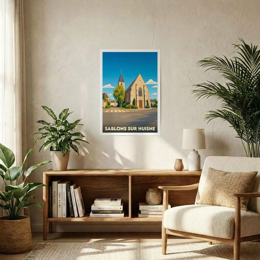 Affiche souvenir de la ville de Sablons sur Huisne avec une illustration stylisée de son église sous un ciel bleu.