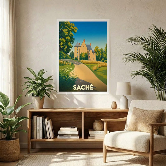 Affiche souvenir de la ville de Saché représentant une illustration stylisée de son château.