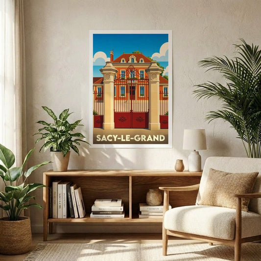 Affiche souvenir de la ville de Sacy-le-Grand présentant une illustration stylisée d'un portail de propriété classique.