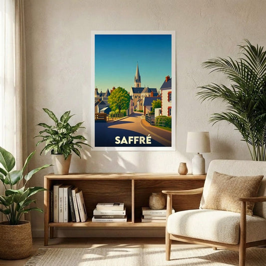 Affiche souvenir de la ville de Saffré présentant une illustration stylisée de son église et de ses rues ensoleillées.