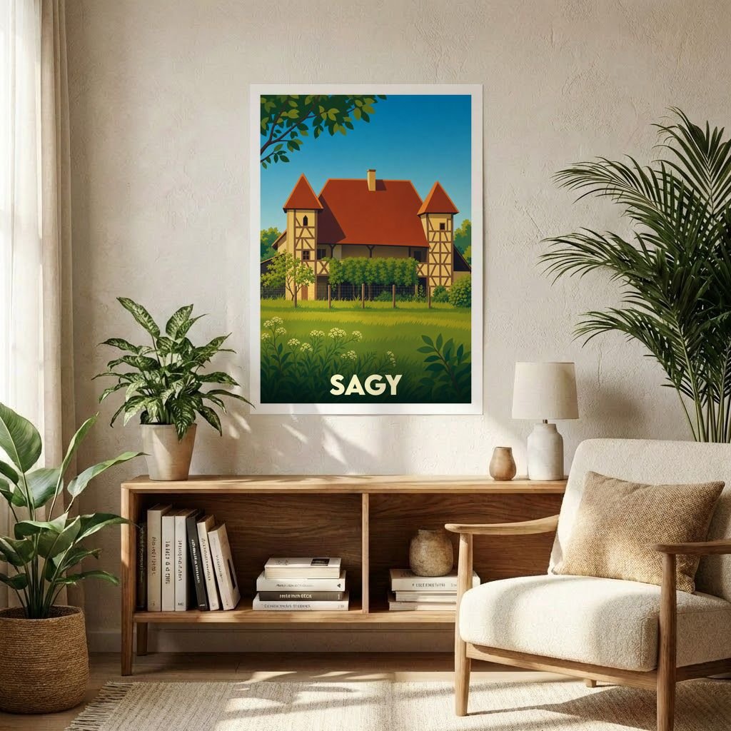 Affiche souvenir de la ville de Sagy représentant une demeure traditionnelle illustrée dans un style vintage.