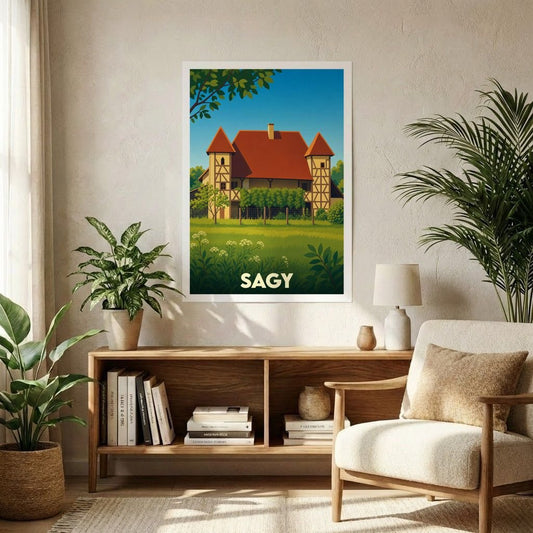 Affiche souvenir de la ville de Sagy représentant une demeure traditionnelle illustrée dans un style vintage.