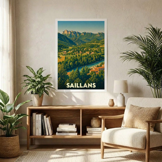 Affiche souvenir de la ville de Saillans avec une illustration stylisée d'un paysage de montagne et de rivière.