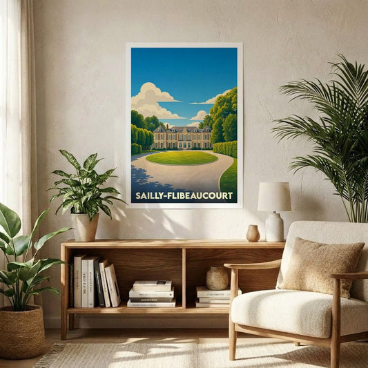 Affiche souvenir de la ville de Sailly-Flibeaucourt avec une illustration stylisée d'un château.