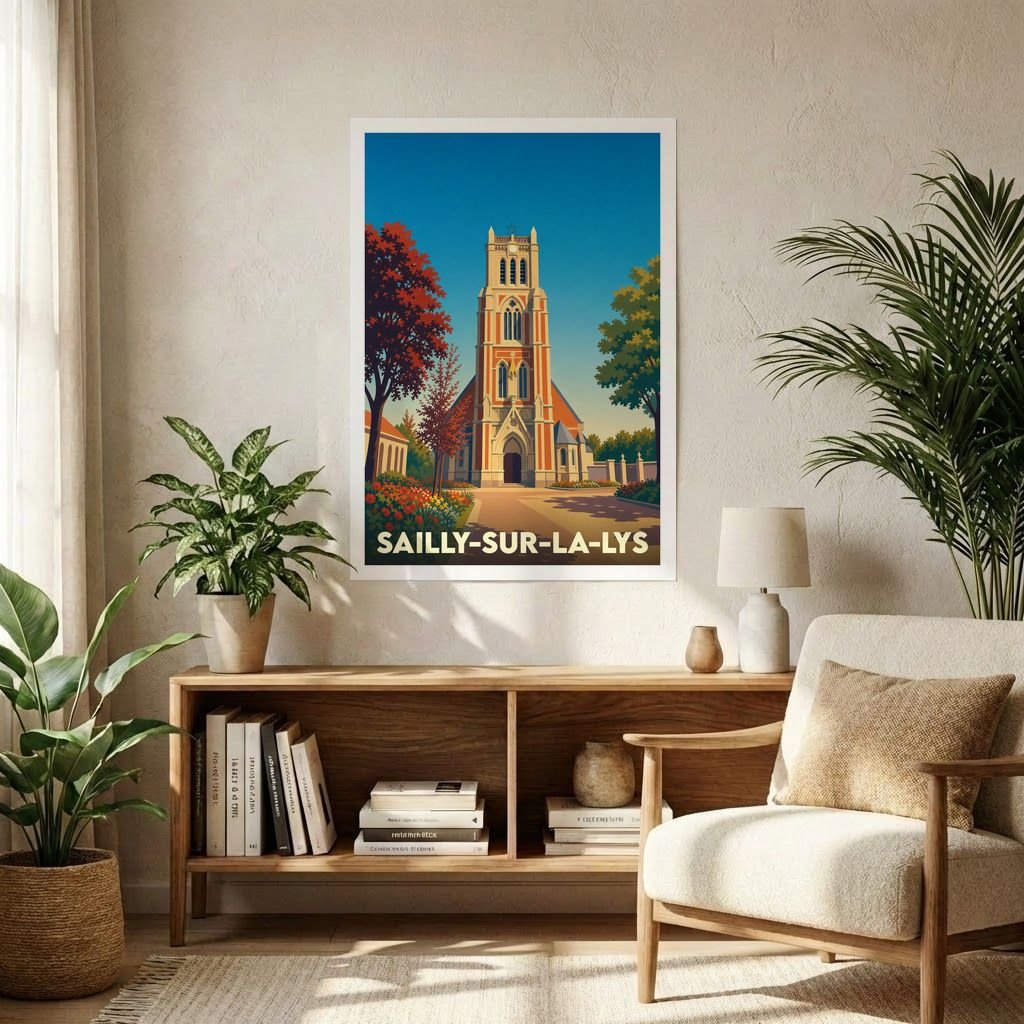 Affiche souvenir de la ville de Sailly-sur-la-Lys présentant une illustration stylisée de son église et de son paysage.