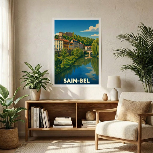 Affiche souvenir de la ville de Sain-Bel avec une illustration stylisée d'un paysage fluvial.