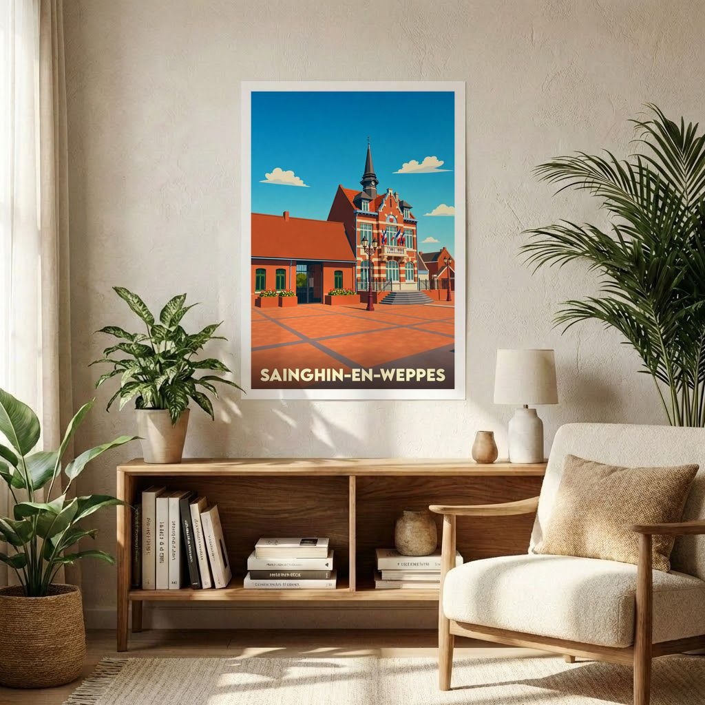 Affiche souvenir de la ville de Sainghin-en-Weppes avec une illustration stylisée de son hôtel de ville.