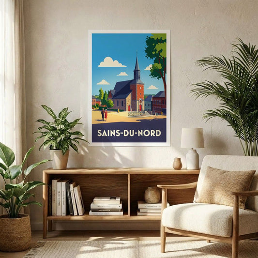 Affiche souvenir de la ville de Sains-du-Nord avec une illustration stylisée.