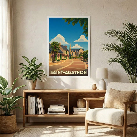 Affiche souvenir de la ville de Saint-Agathon avec une illustration stylisée d'une rue ensoleillée.