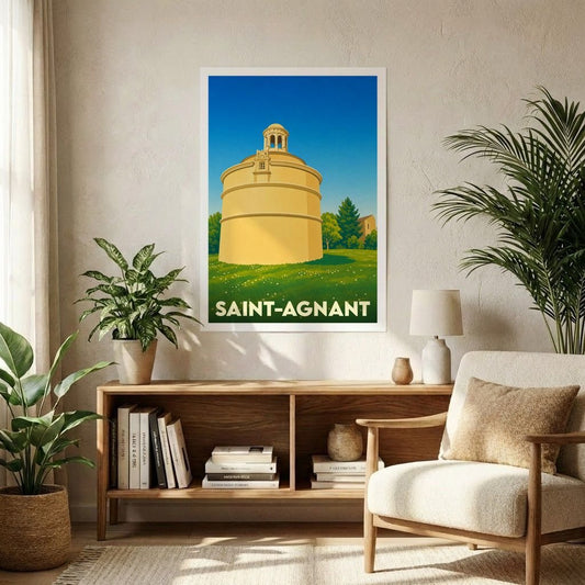 Affiche souvenir de la ville de Saint-Agnant présentant une illustration stylisée de sa célèbre glacière monumentale.