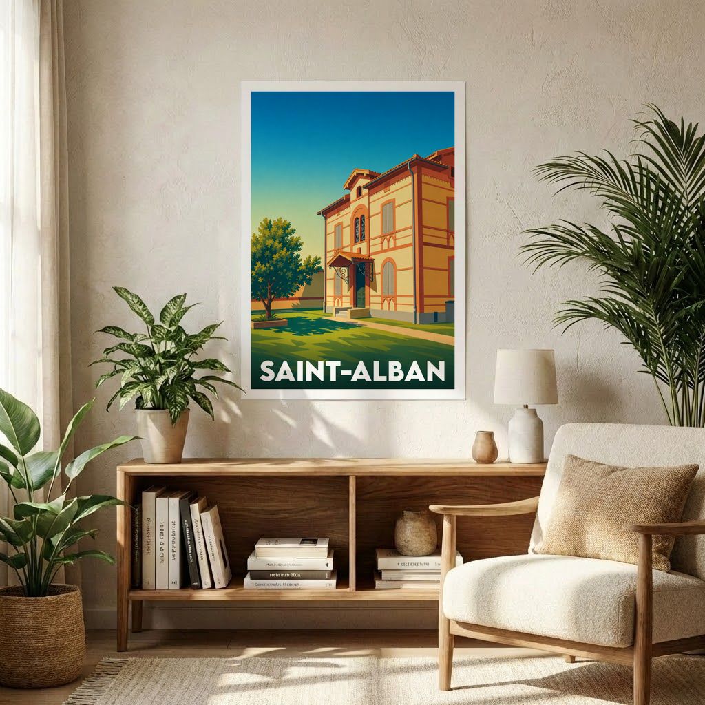 Affiche souvenir de la ville de Saint-Alban avec une illustration stylisée d'un bâtiment historique.