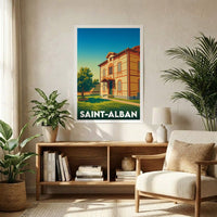 Affiche souvenir de la ville de Saint-Alban avec une illustration stylisée d'un bâtiment historique.