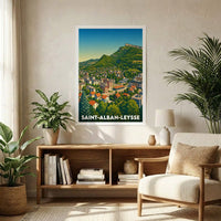Affiche souvenir de la ville de Saint-Alban-Leysse avec une illustration stylisée d'un paysage montagneux.