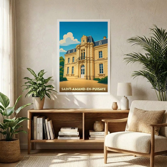 Affiche souvenir de la ville de Saint-Amand-en-Puisaye avec une illustration stylisée de son château.