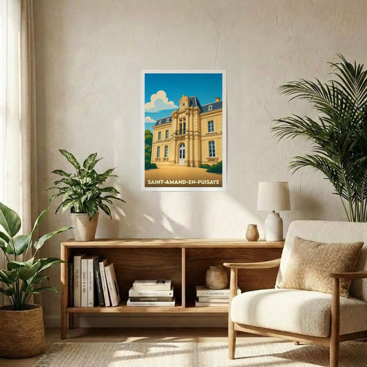 Affiche souvenir de la ville de Saint-Amand-en-Puisaye avec une illustration stylisée de son château.