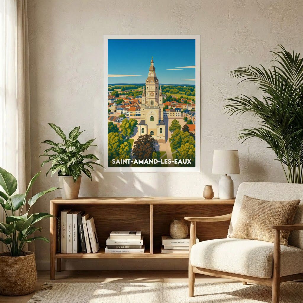 Affiche souvenir de la ville de Saint-Amand-les-Eaux avec une illustration stylisée de sa tour abbatiale.