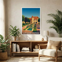 Affiche souvenir de la ville de Saint-Amand-Montrond représentant un château et ses jardins dans un style graphique épuré.