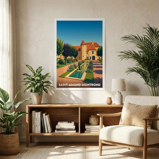 Affiche souvenir de la ville de Saint-Amand-Montrond représentant un château et ses jardins dans un style graphique épuré.