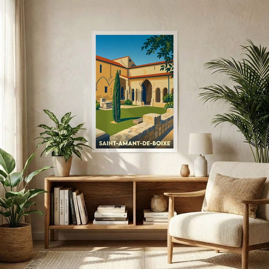 Affiche souvenir de la ville de Saint-Amant-de-Boixe présentant une illustration stylisée de son abbaye et de son cloître.