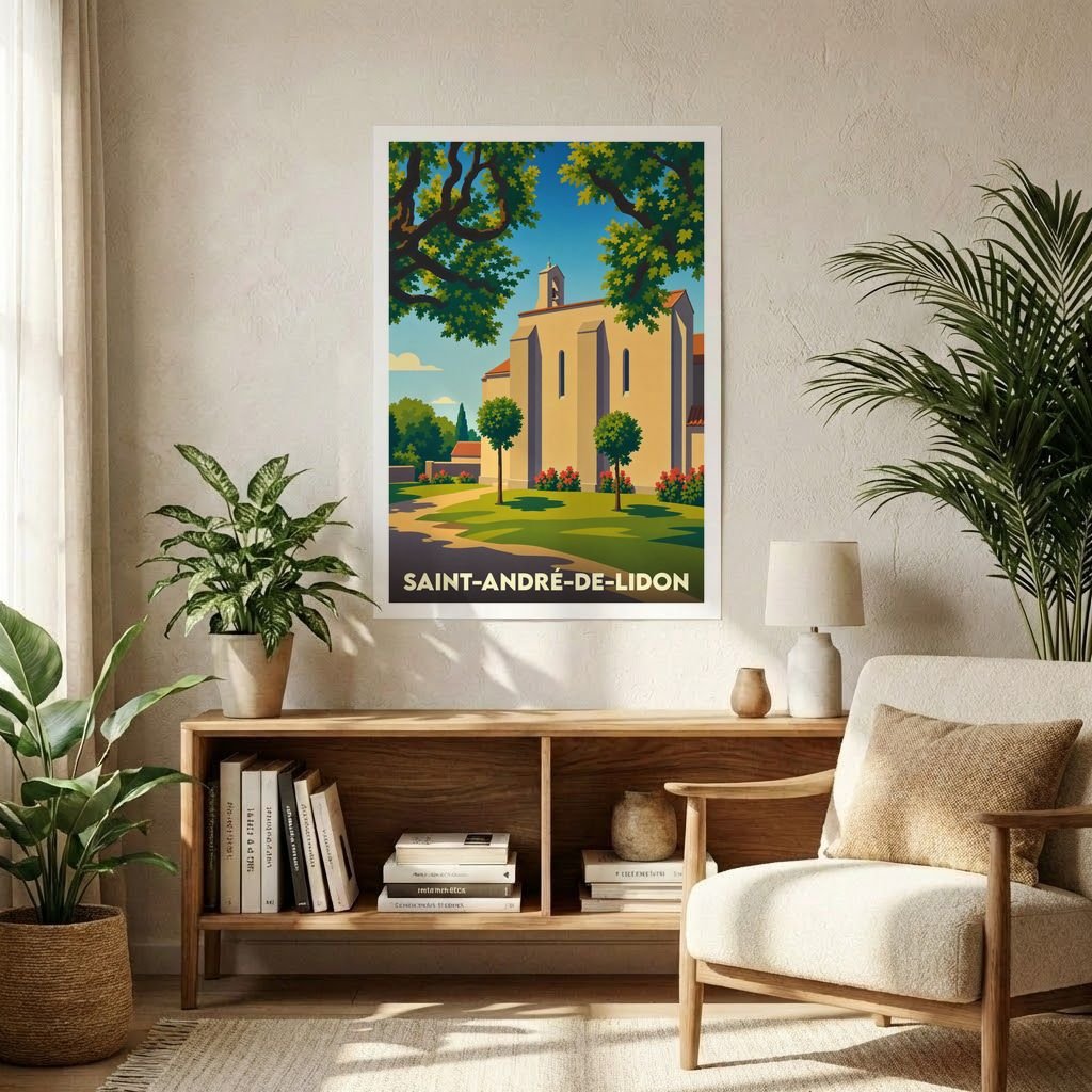 Affiche souvenir de la ville de Saint-André-de-Lidon avec une illustration stylisée d'une église sous un ciel bleu.