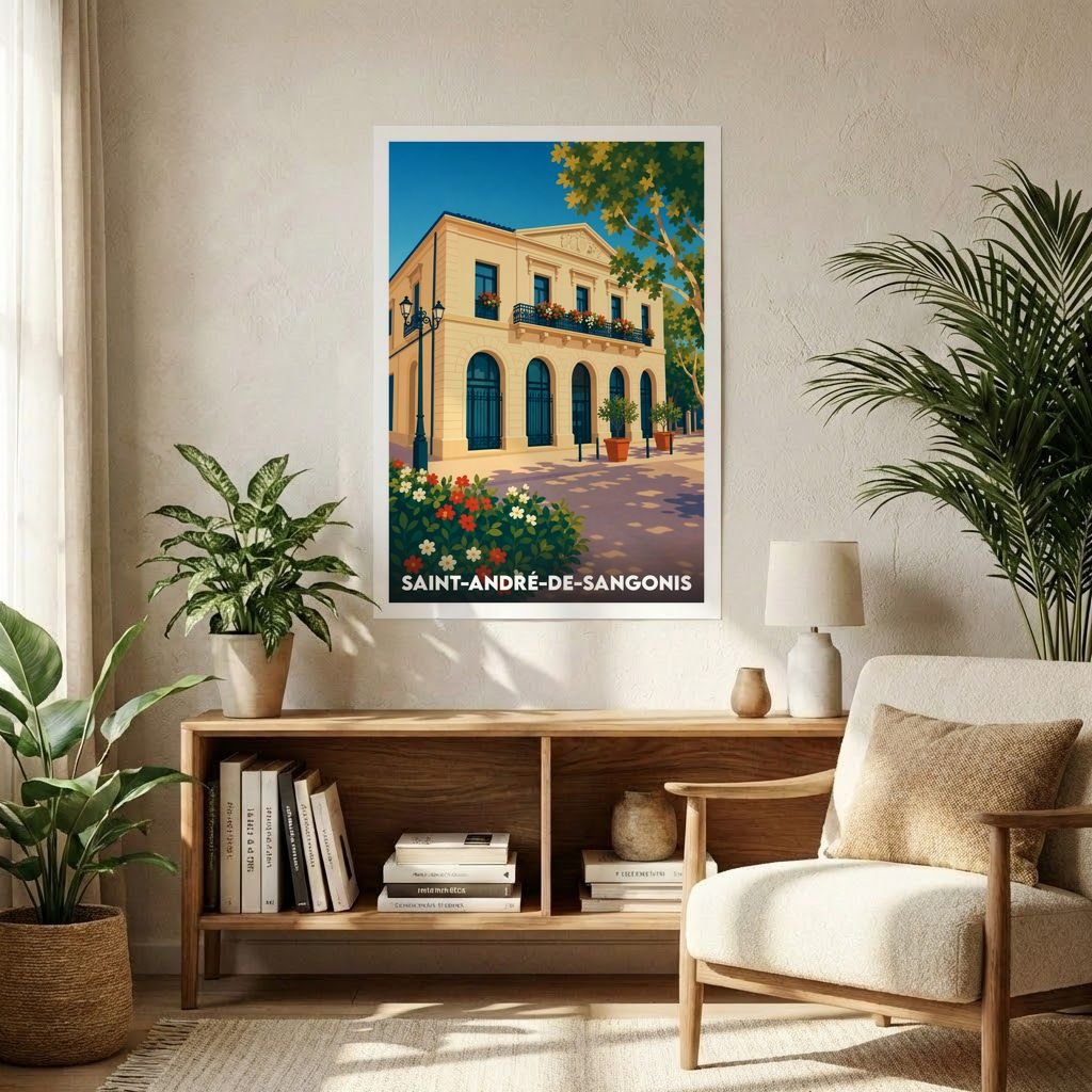 Affiche souvenir de la ville de Saint-André-de-Sangonis avec une illustration stylisée d'un bâtiment ensoleillé.