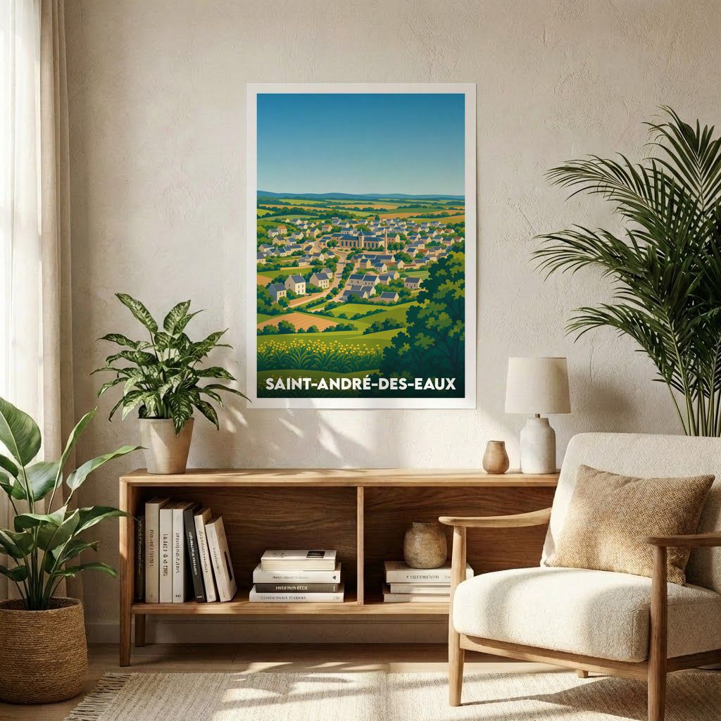Affiche souvenir de la ville de Saint-André-des-Eaux avec une illustration stylisée d'un paysage champêtre.
