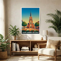 Affiche souvenir de la ville de Saint-André-lez-Lille avec une illustration stylisée de son église.