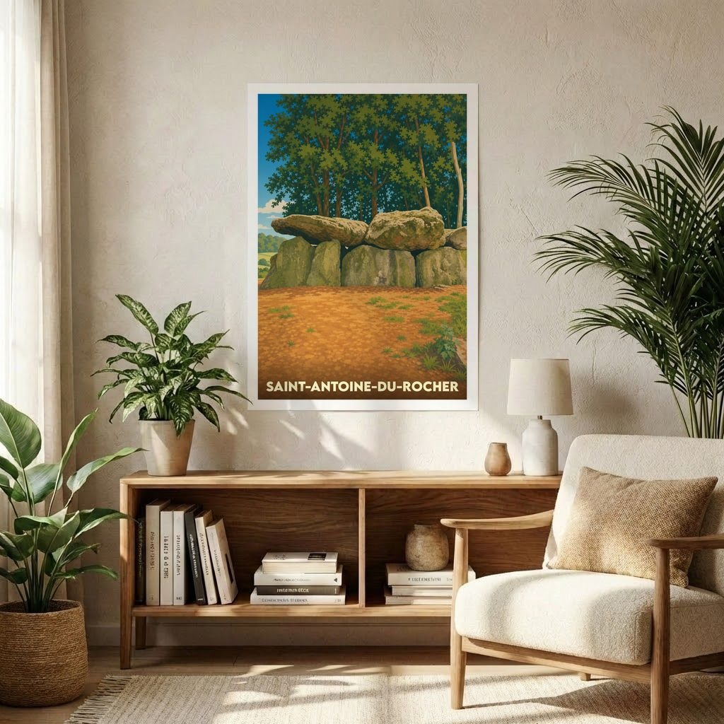 Affiche souvenir de la ville de Saint-Antoine-du-Rocher illustrant un dolmen entouré de verdure.