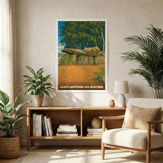 Affiche souvenir de la ville de Saint-Antoine-du-Rocher illustrant un dolmen entouré de verdure.