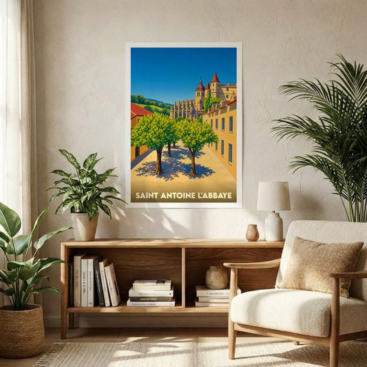 Affiche souvenir de la ville de Saint-Antoine-l'Abbaye avec une illustration colorée et stylisée de son patrimoine.