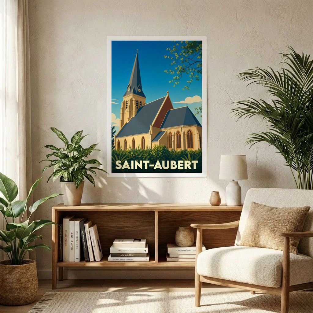 Affiche souvenir de la ville de Saint-Aubert avec une illustration stylisée de son église sous un ciel bleu.