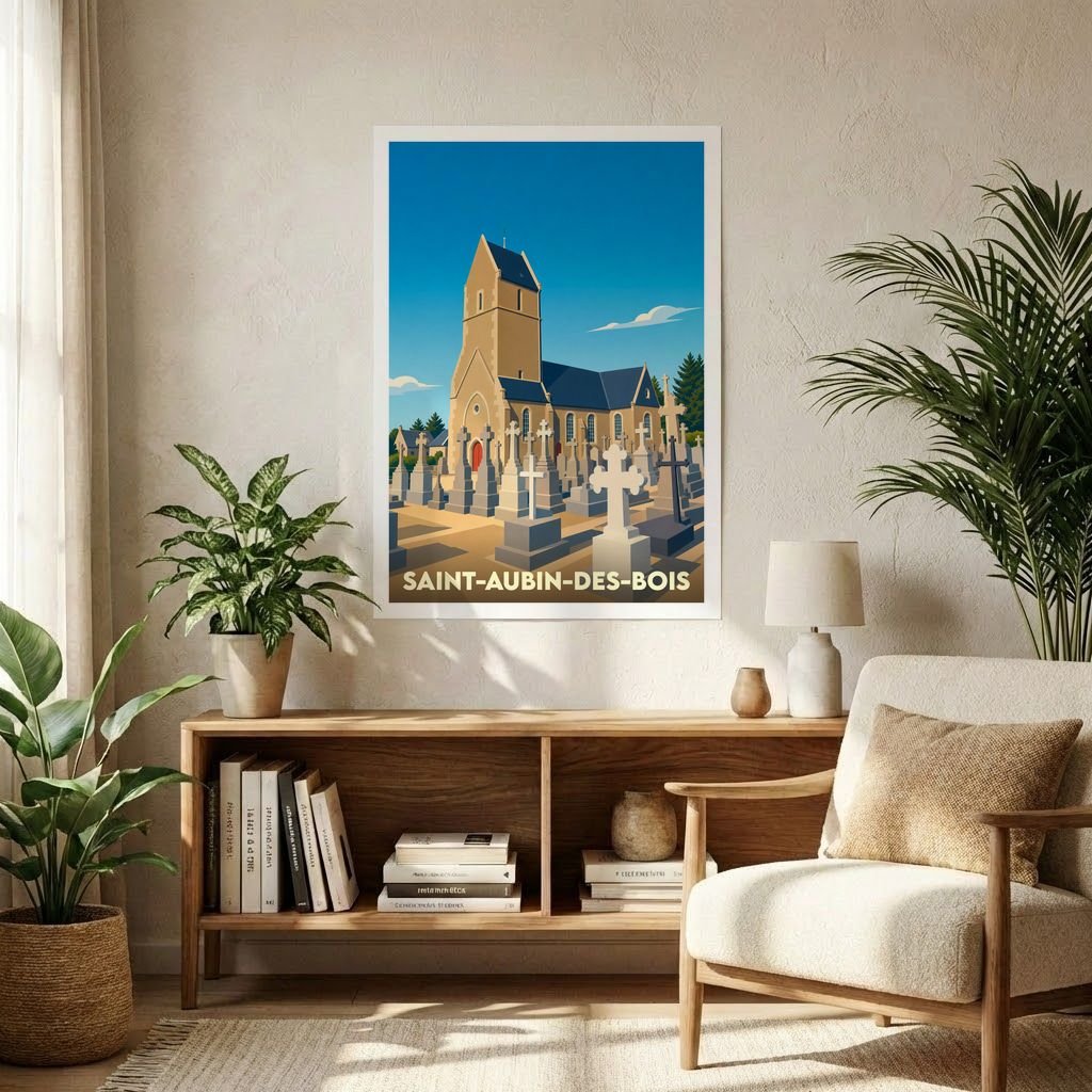 Affiche souvenir de la ville de Saint-Aubin-des-Bois avec une illustration stylisée de son église et de son cimetière.