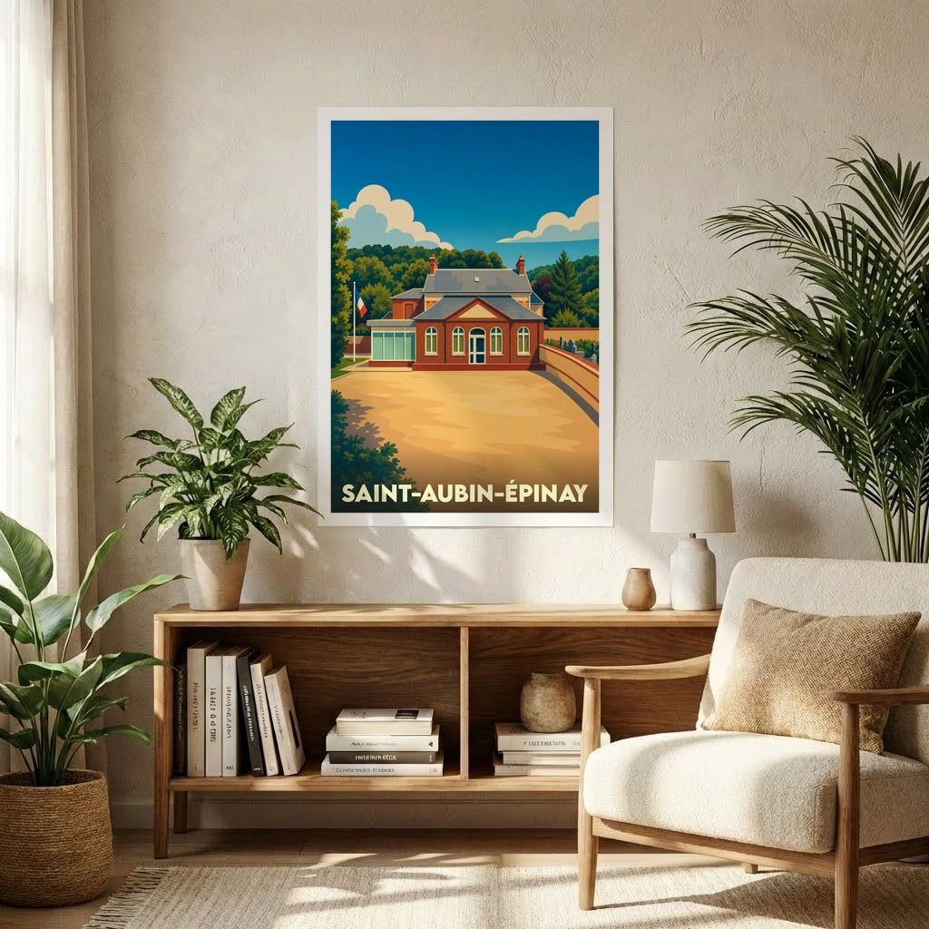 Affiche souvenir de la ville de Saint-Aubin-Épinay avec une illustration stylisée d'un bâtiment historique.
