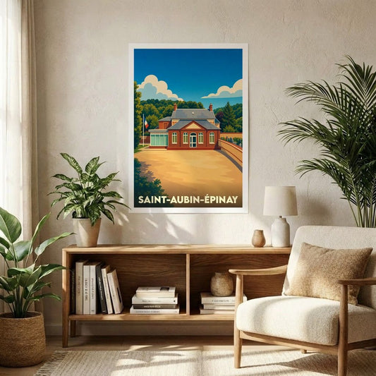 Affiche souvenir de la ville de Saint-Aubin-Épinay avec une illustration stylisée d'un bâtiment historique.