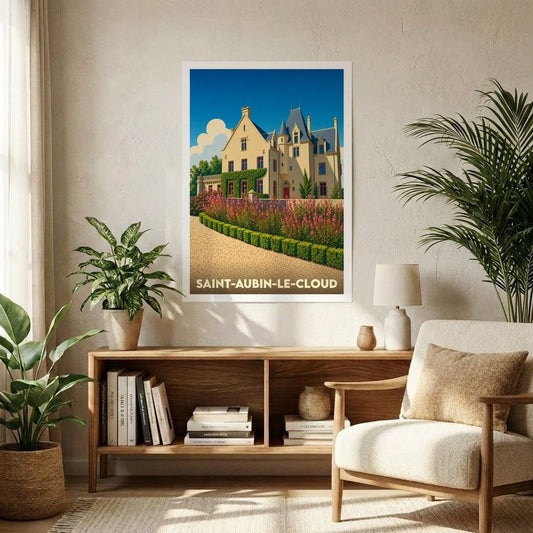 Affiche souvenir de la ville de Saint-Aubin-le-Cloud représentant une grande demeure bourgeoise et ses jardins fleuris.