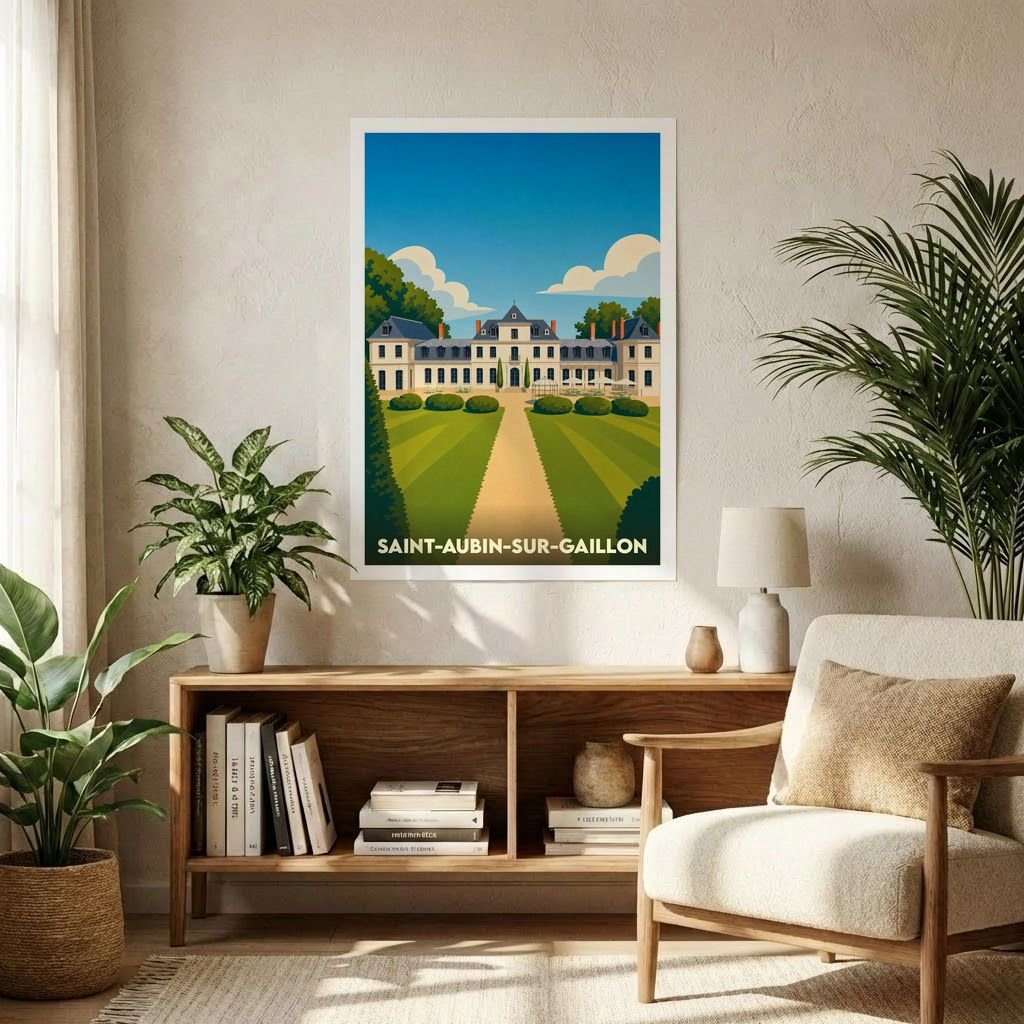 Affiche souvenir de la ville de Saint-Aubin-sur-Gaillon représentant un château dans un style graphique épuré.