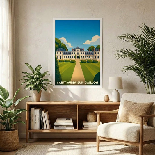 Affiche souvenir de la ville de Saint-Aubin-sur-Gaillon représentant un château dans un style graphique épuré.
