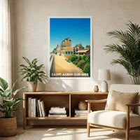 Affiche souvenir de la ville de Saint-Aubin-sur-Mer avec une illustration stylisée de son bord de mer.