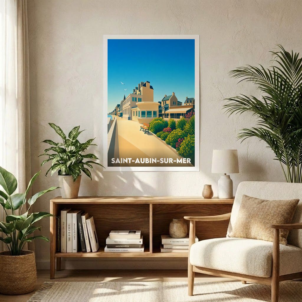 Affiche souvenir de la ville de Saint-Aubin-sur-Mer avec une illustration stylisée de son bord de mer.