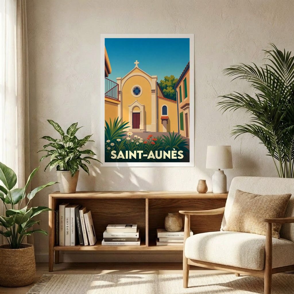 Affiche souvenir de la ville de Saint-Aunès avec une illustration stylisée de son église.